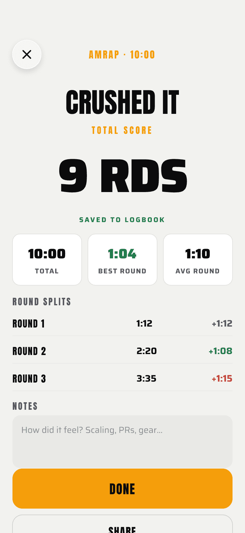The finish screen: a total of nine rounds, the round splits, and the notes field, saved to the logbook.